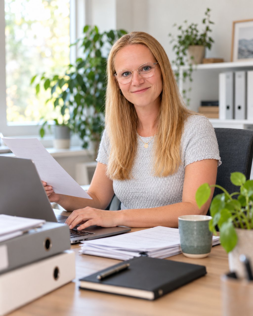 Melanie Bremer am Schreibtisch mit Unterlagen und Laptop, Backoffice für Hausverwaltungen